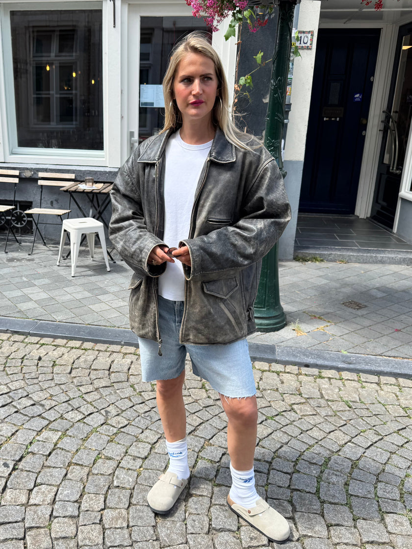 Grey Distressed Leather Jacket