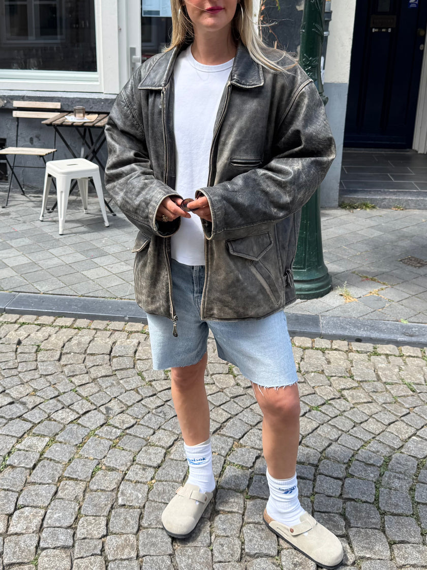 Grey Distressed Leather Jacket