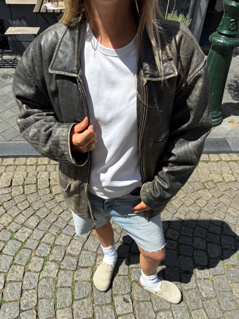 Grey Distressed Leather Jacket