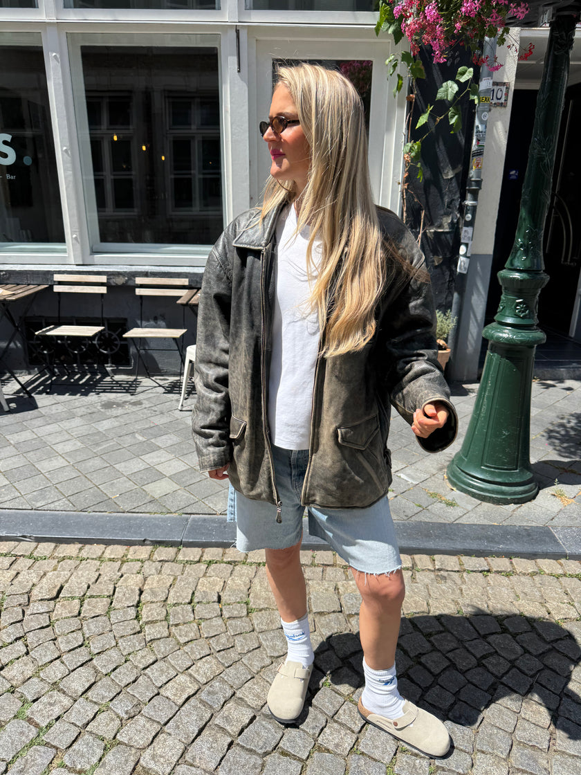 Grey Distressed Leather Jacket