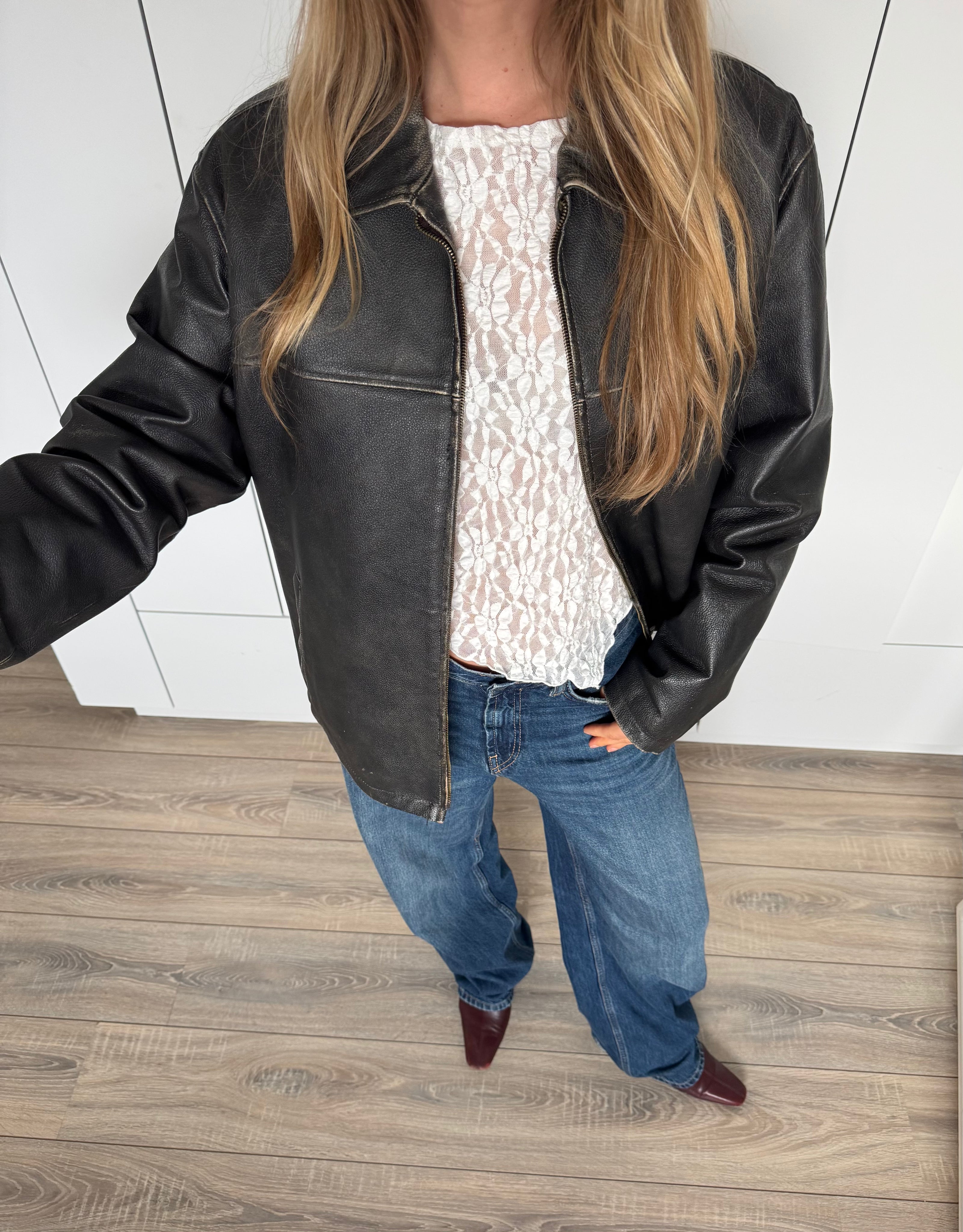 Rustic / Faded Grey Oversized Leather Vintage Jacket