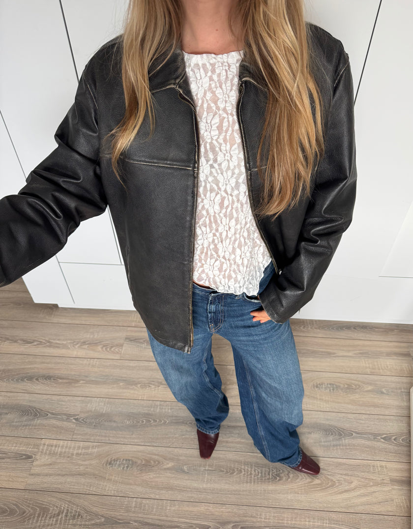 Rustic / Faded Grey Oversized Leather Vintage Jacket