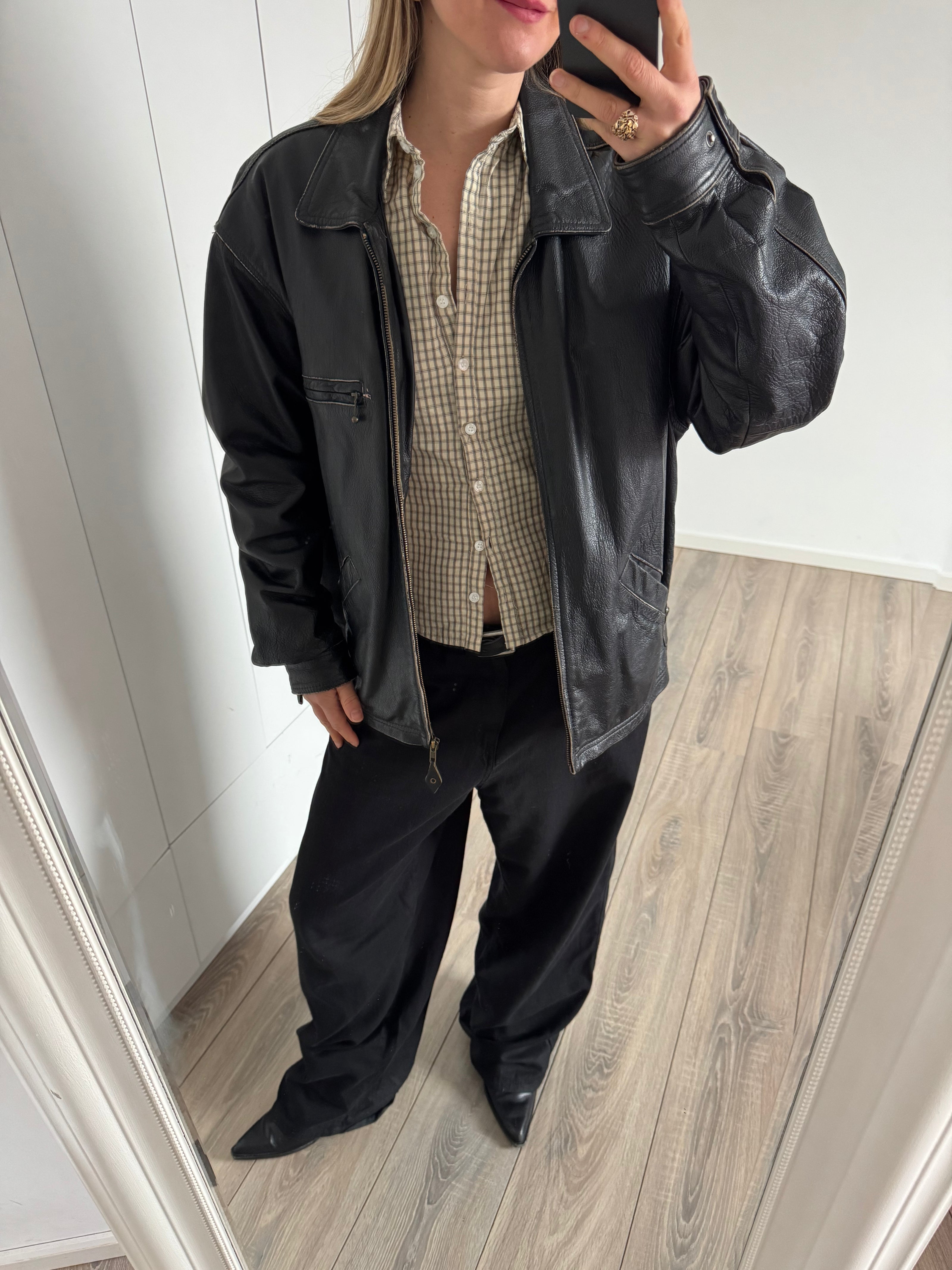 Oversized Black Leather Bomber Jacket