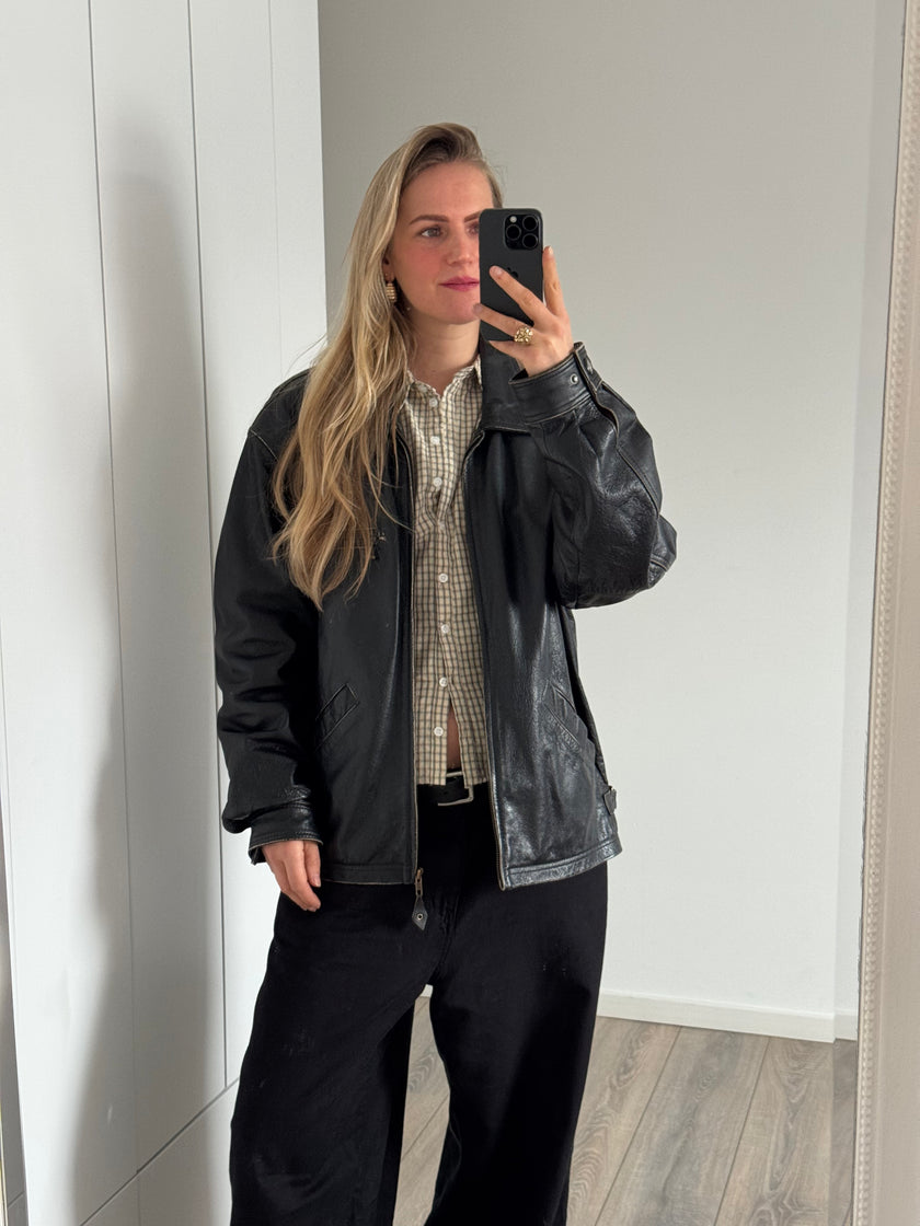 Oversized Black Leather Bomber Jacket