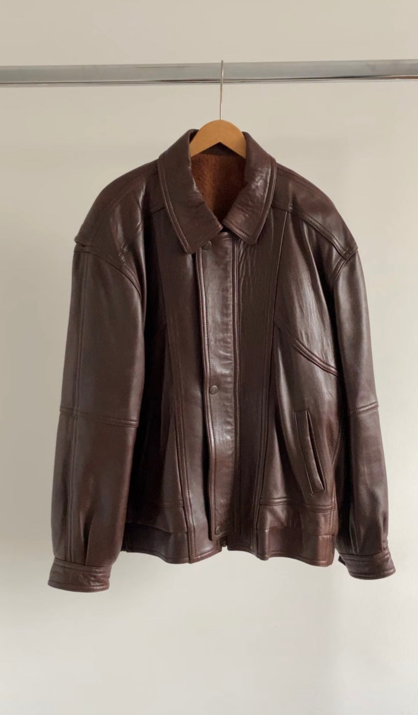 90s Vintage Oversized Brown Leather Bomber Jacket