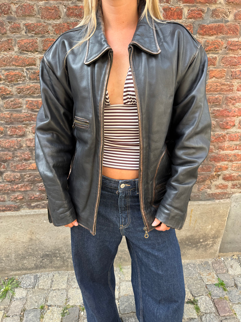 Oversized Black 'Worn' Leather Jacket