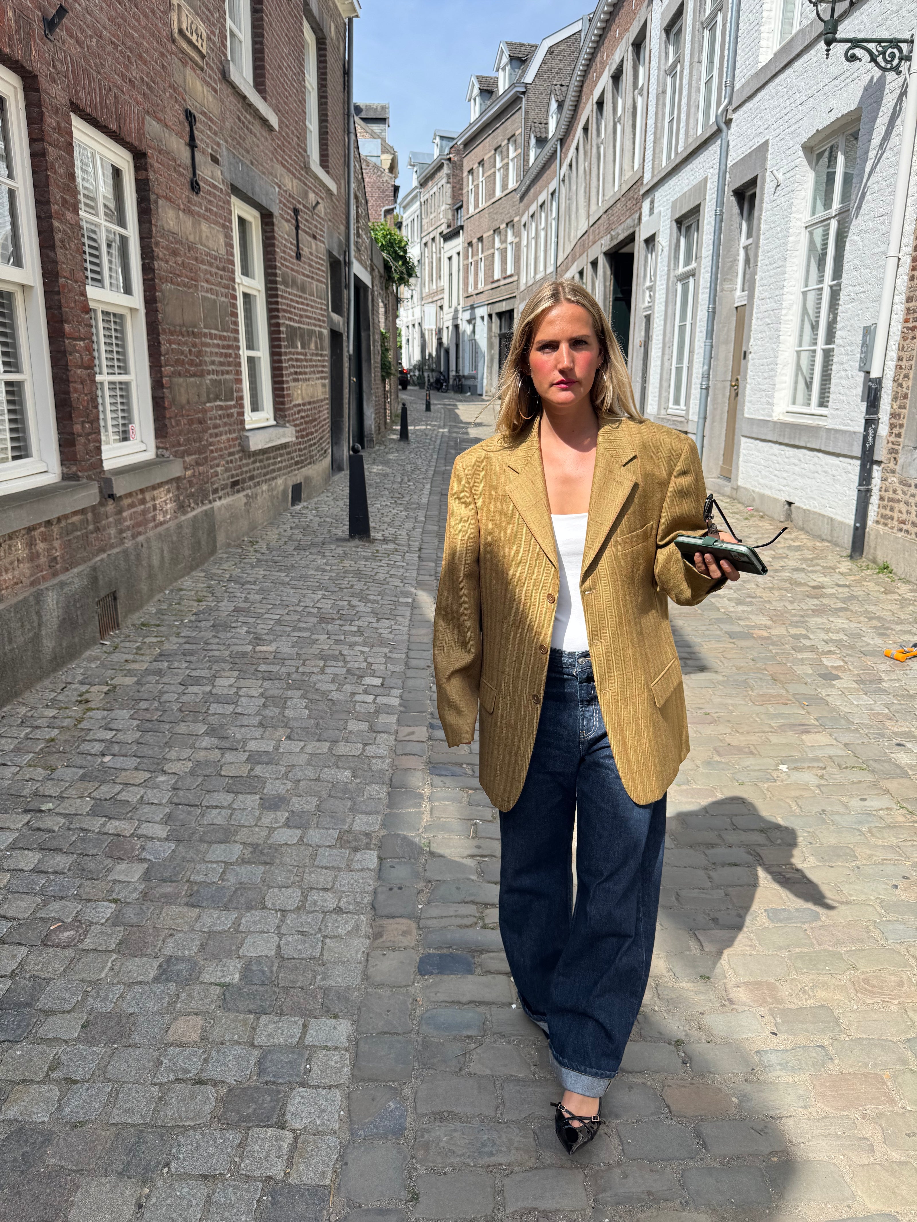 Golden Beige Checked Oversized Blazer