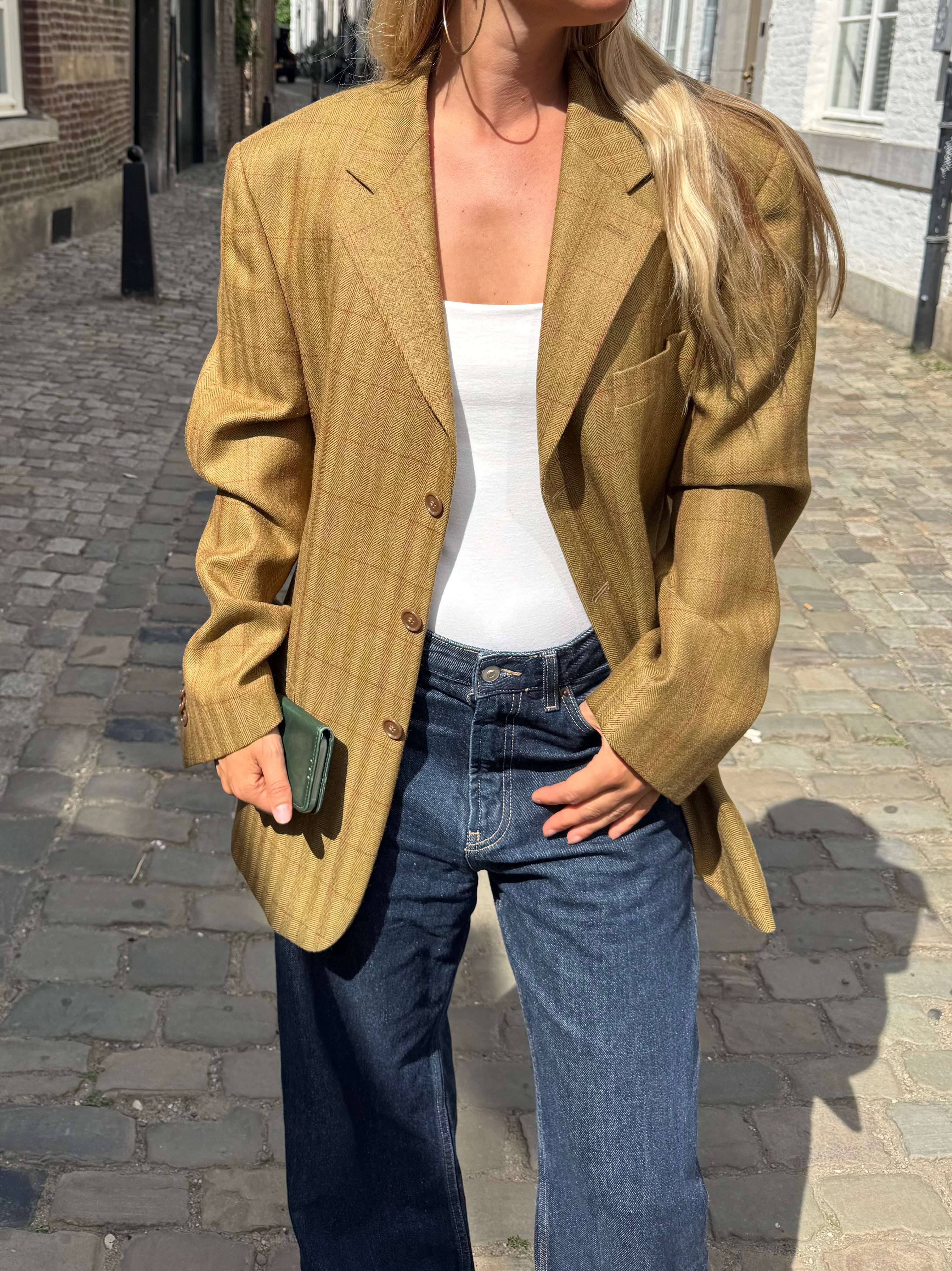 Golden Beige Checked Oversized Blazer