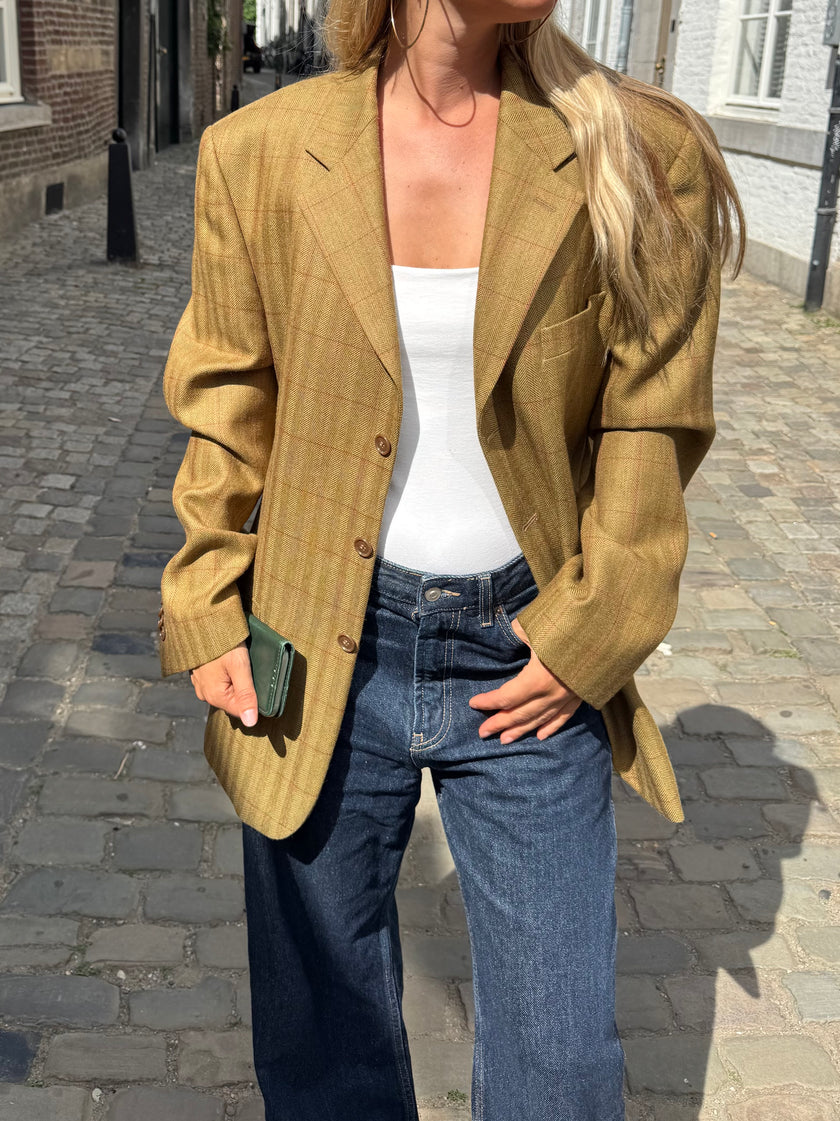 Golden Beige Checked Oversized Blazer