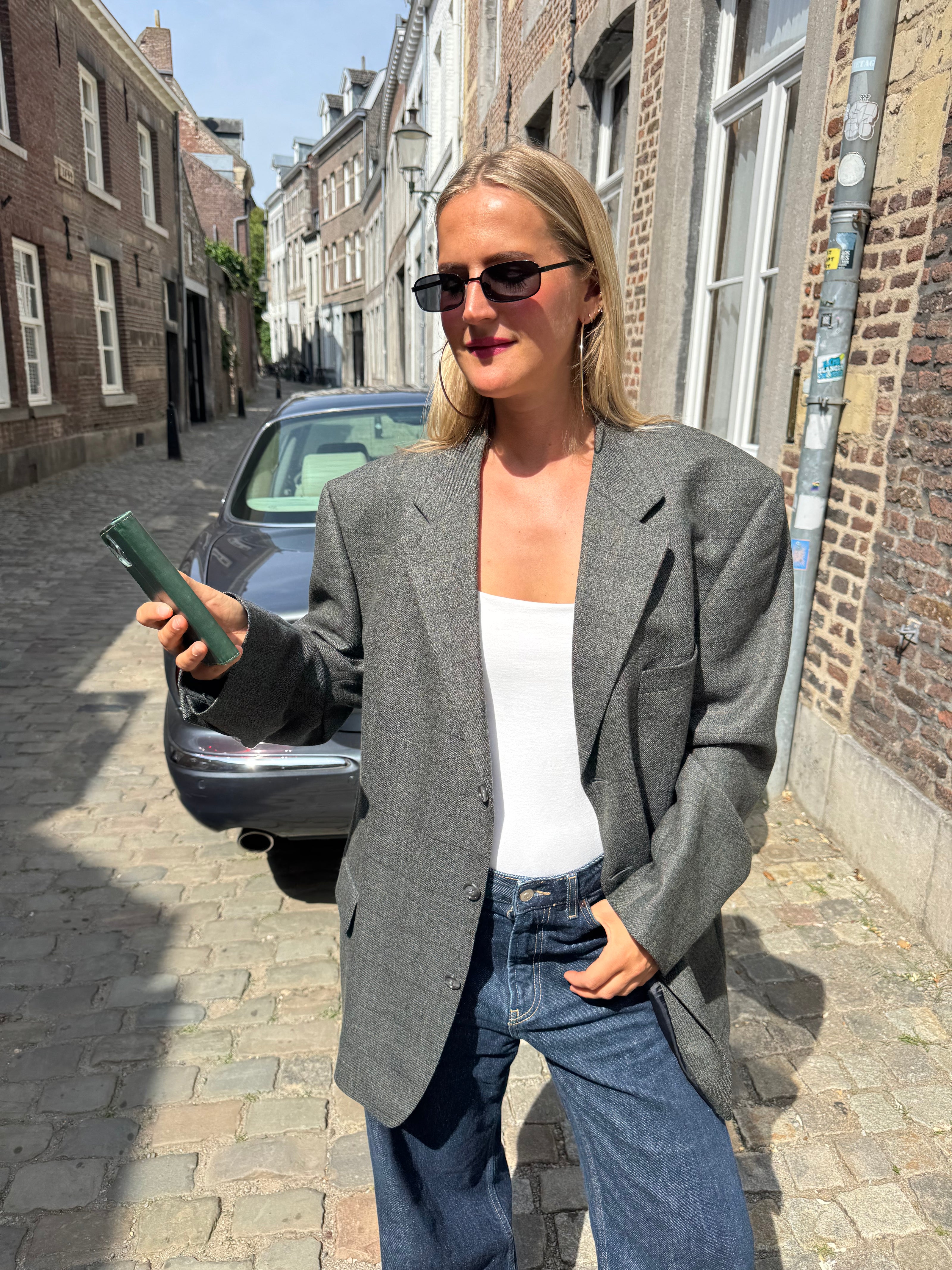 Grey Green Checked Oversized Vintage Blazer