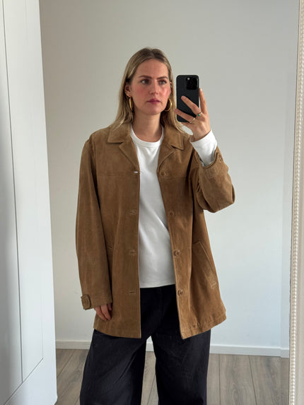 Light Beige Vintage Suede Jacket, Oversized Blazer Style