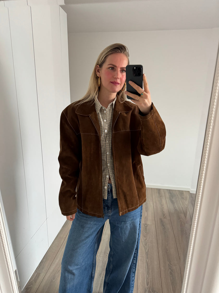 Camel Suede Jacket with Contrast Stitching