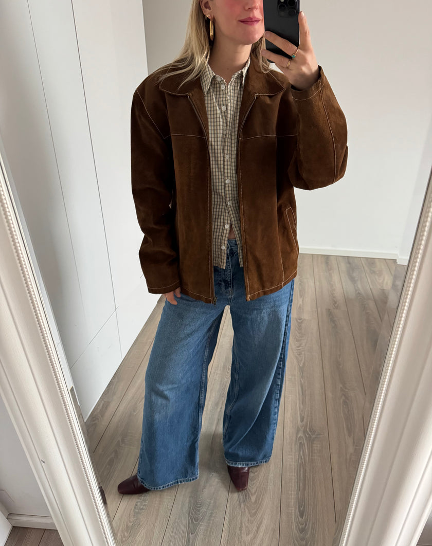 Camel Suede Jacket with Contrast Stitching