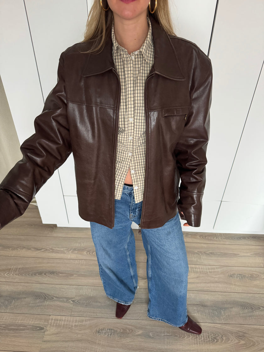 Super oversized brown leather vintage jacket