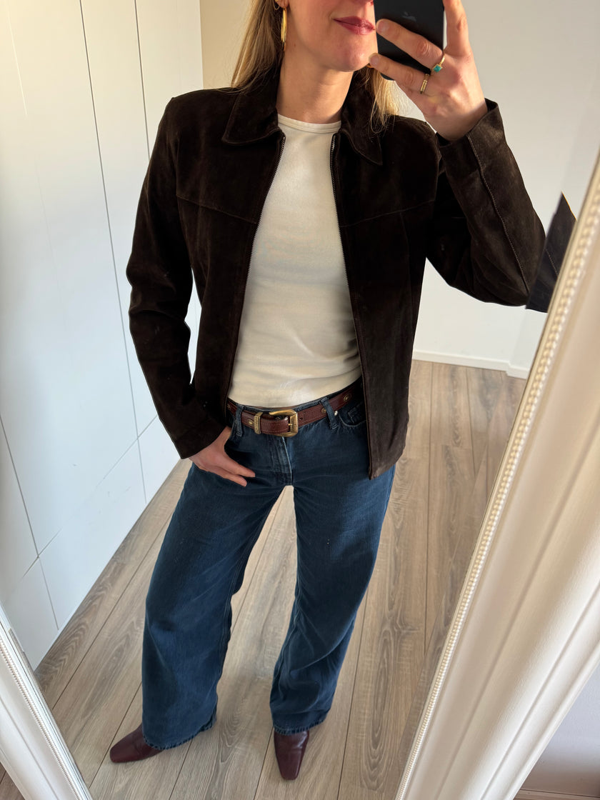 Dark Brown Fitted Suede Vintage Jacket