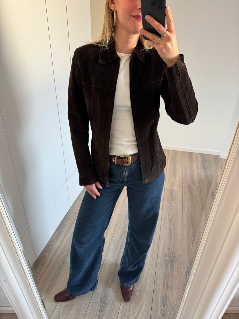 Dark Brown Fitted Suede Vintage Jacket