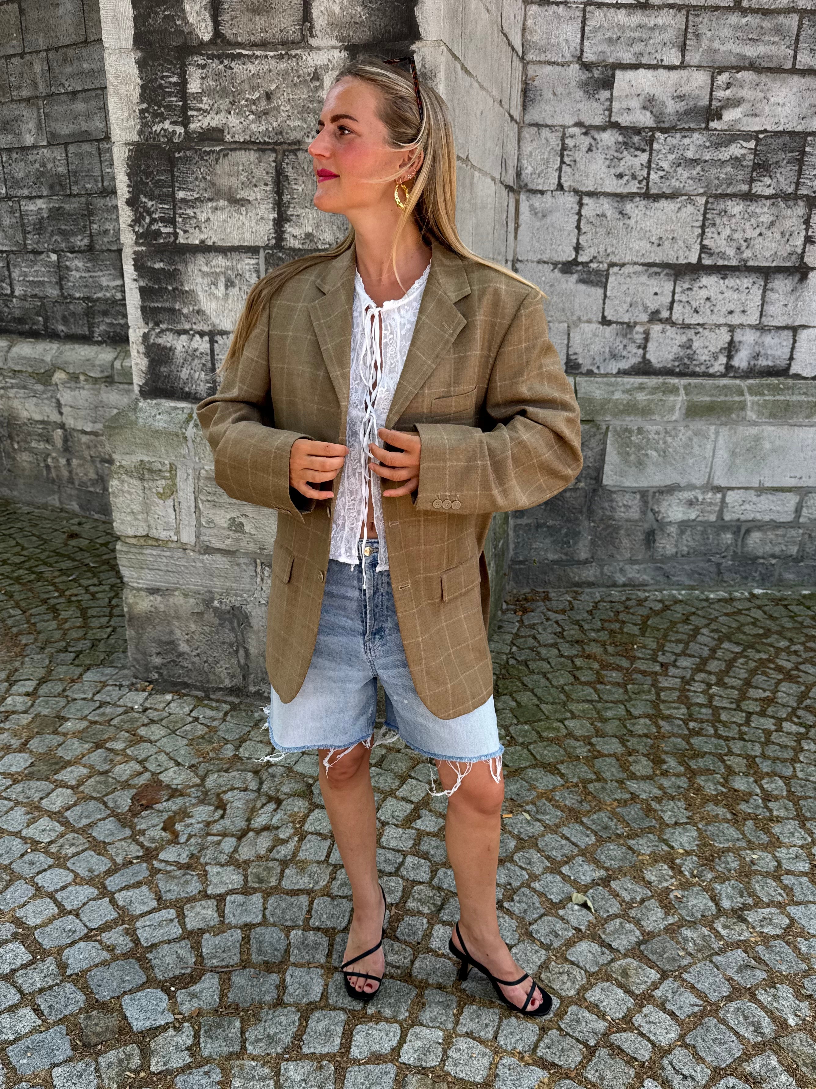 Beige Brown Oversized Checked Blazer