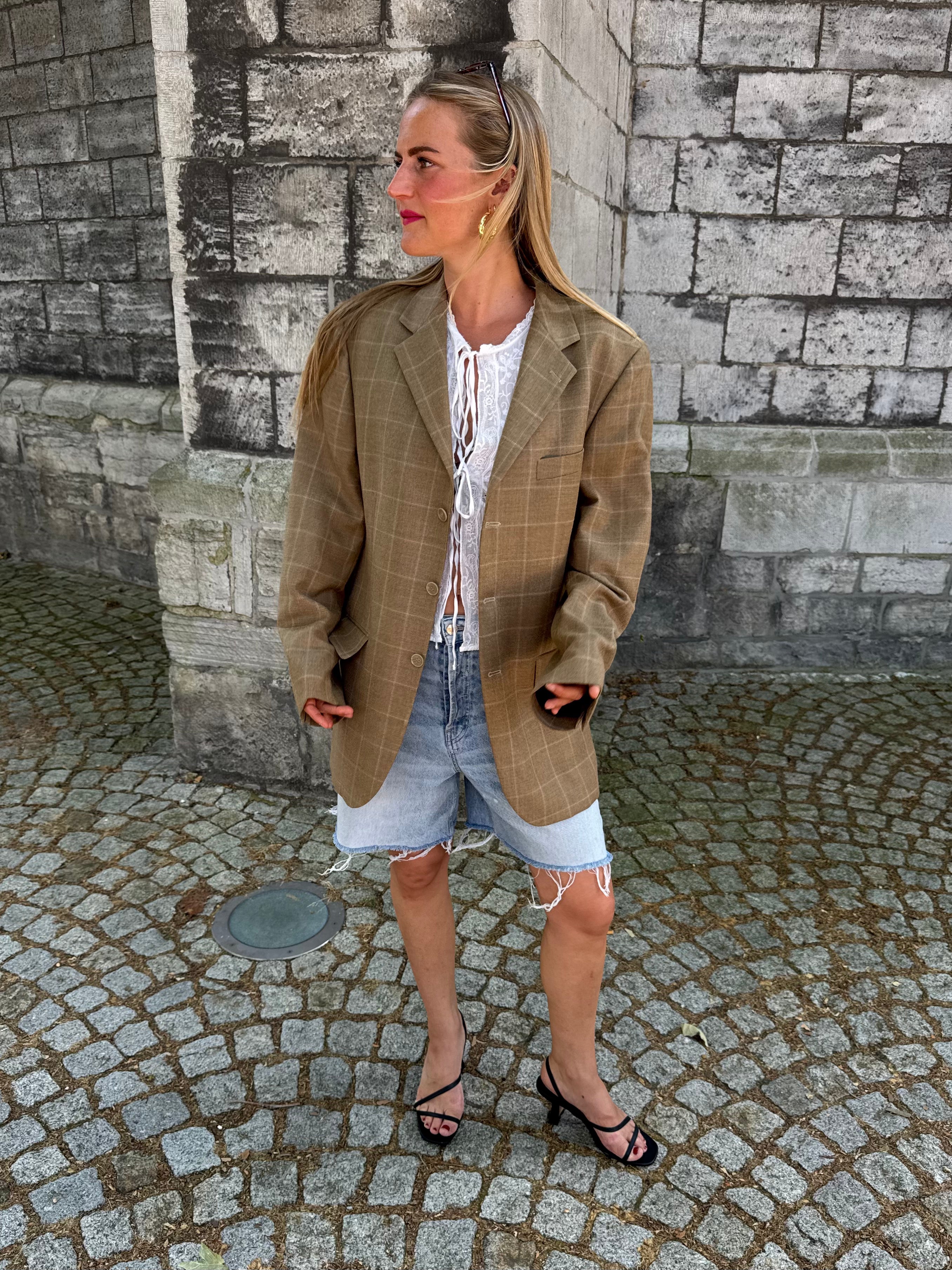Beige Brown Oversized Checked Blazer