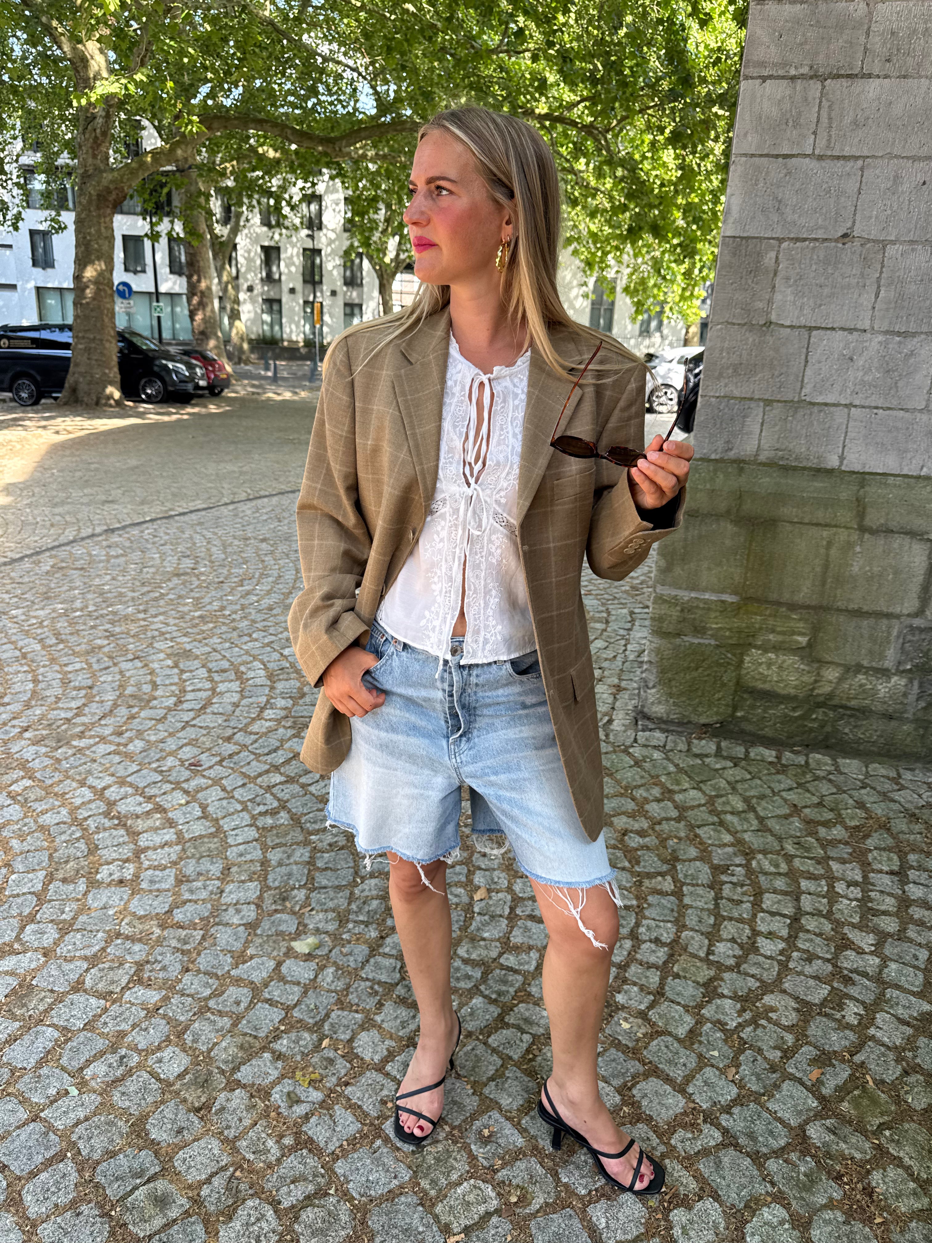 Beige Brown Oversized Checked Blazer