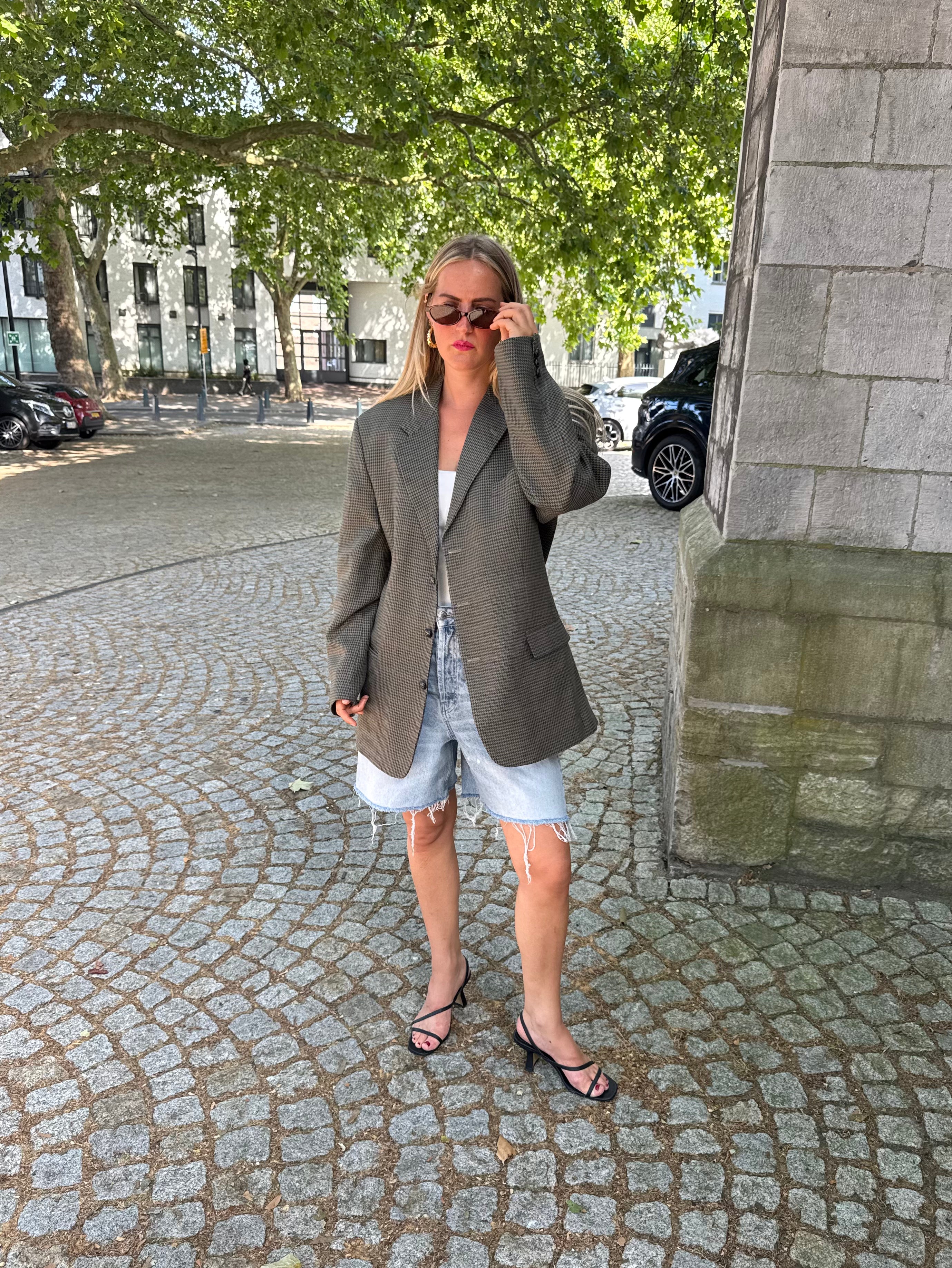 Grey/Dark Green Checked Oversized Blazer