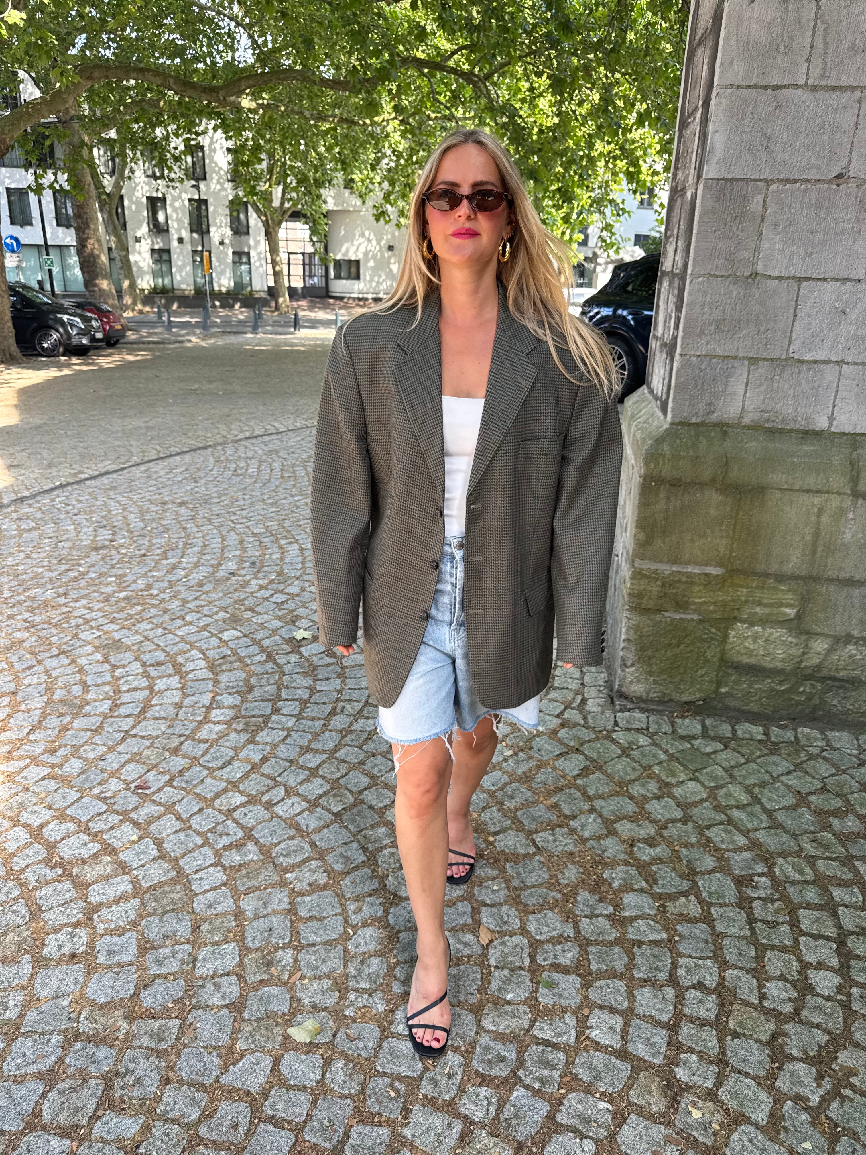 Grey/Dark Green Checked Oversized Blazer