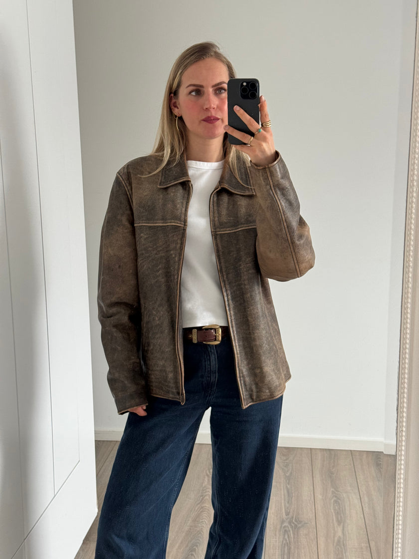 Distressed Rustic Brown Oversized Leather Jacket