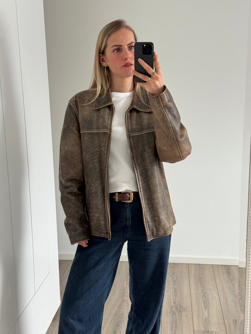 Distressed Rustic Brown Oversized Leather Jacket