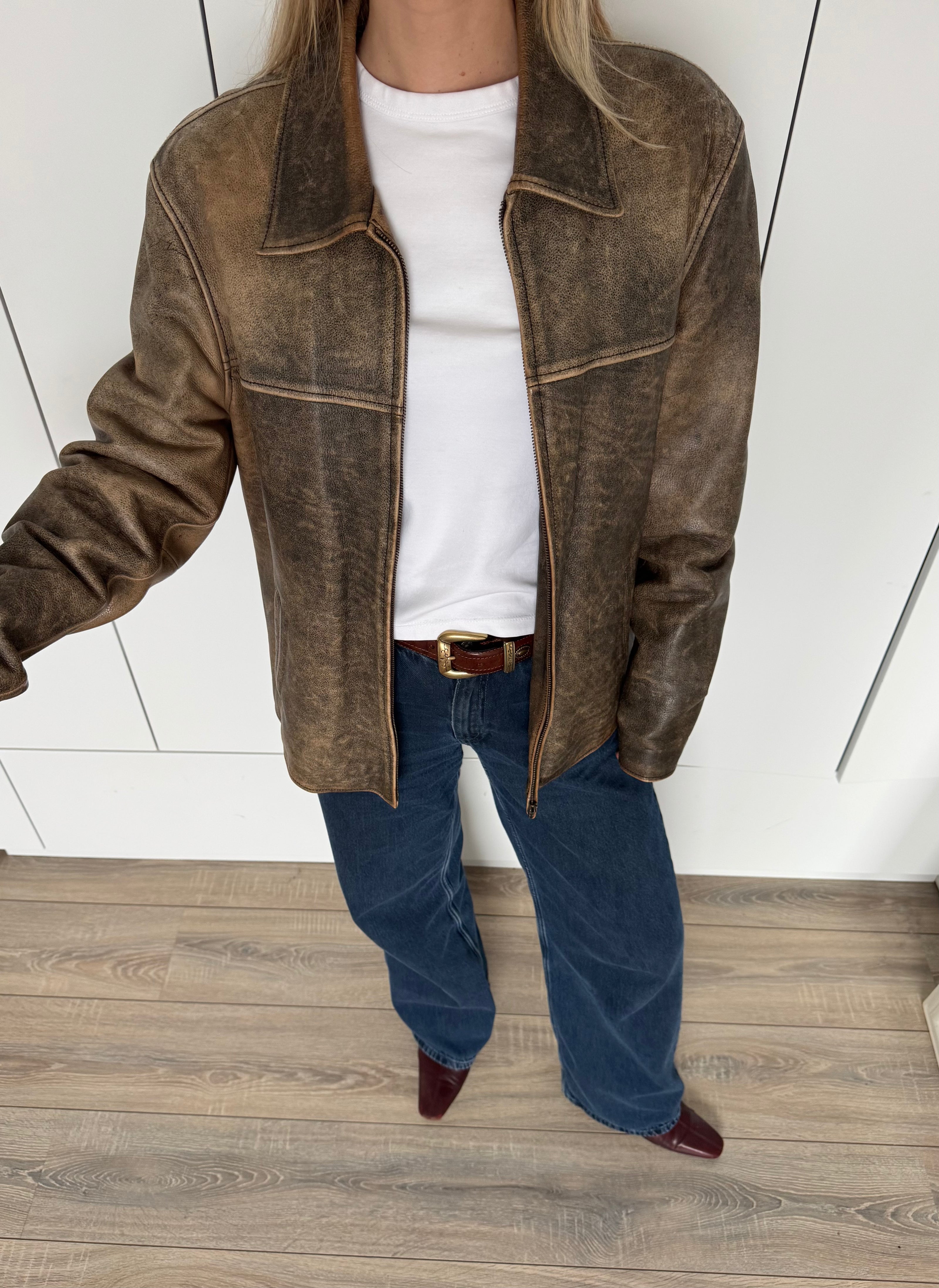 Distressed Rustic Brown Oversized Leather Jacket