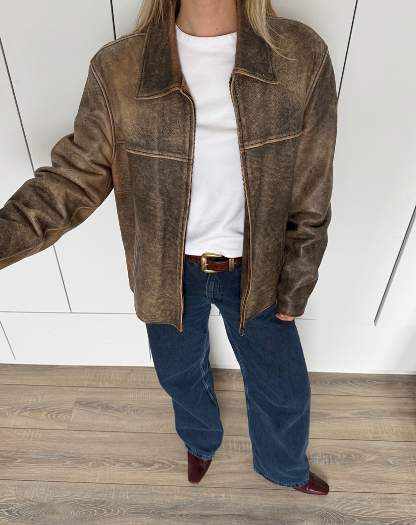Distressed Rustic Brown Oversized Leather Jacket