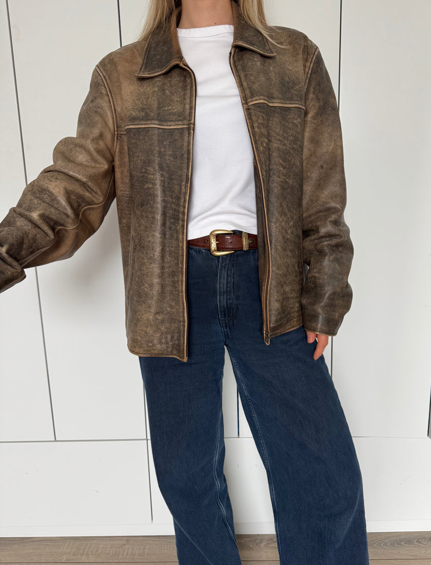 Distressed Rustic Brown Oversized Leather Jacket