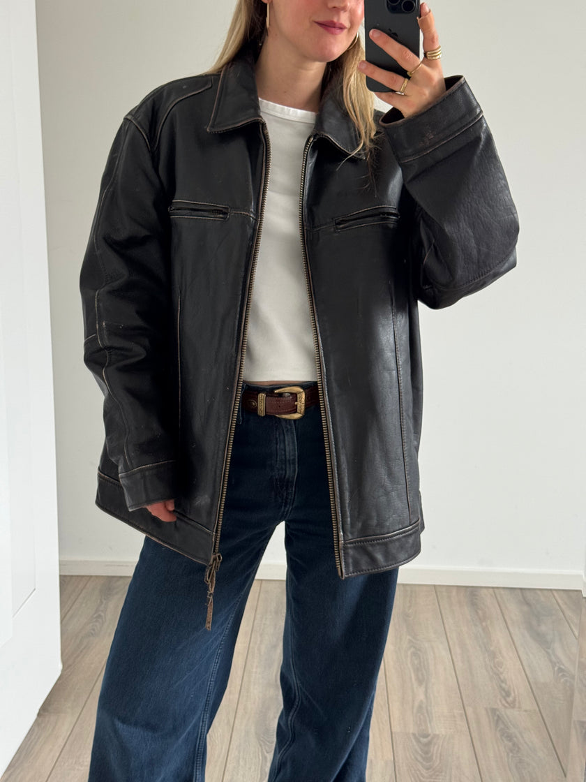 Super Oversized Black Vintage Leather Jacket