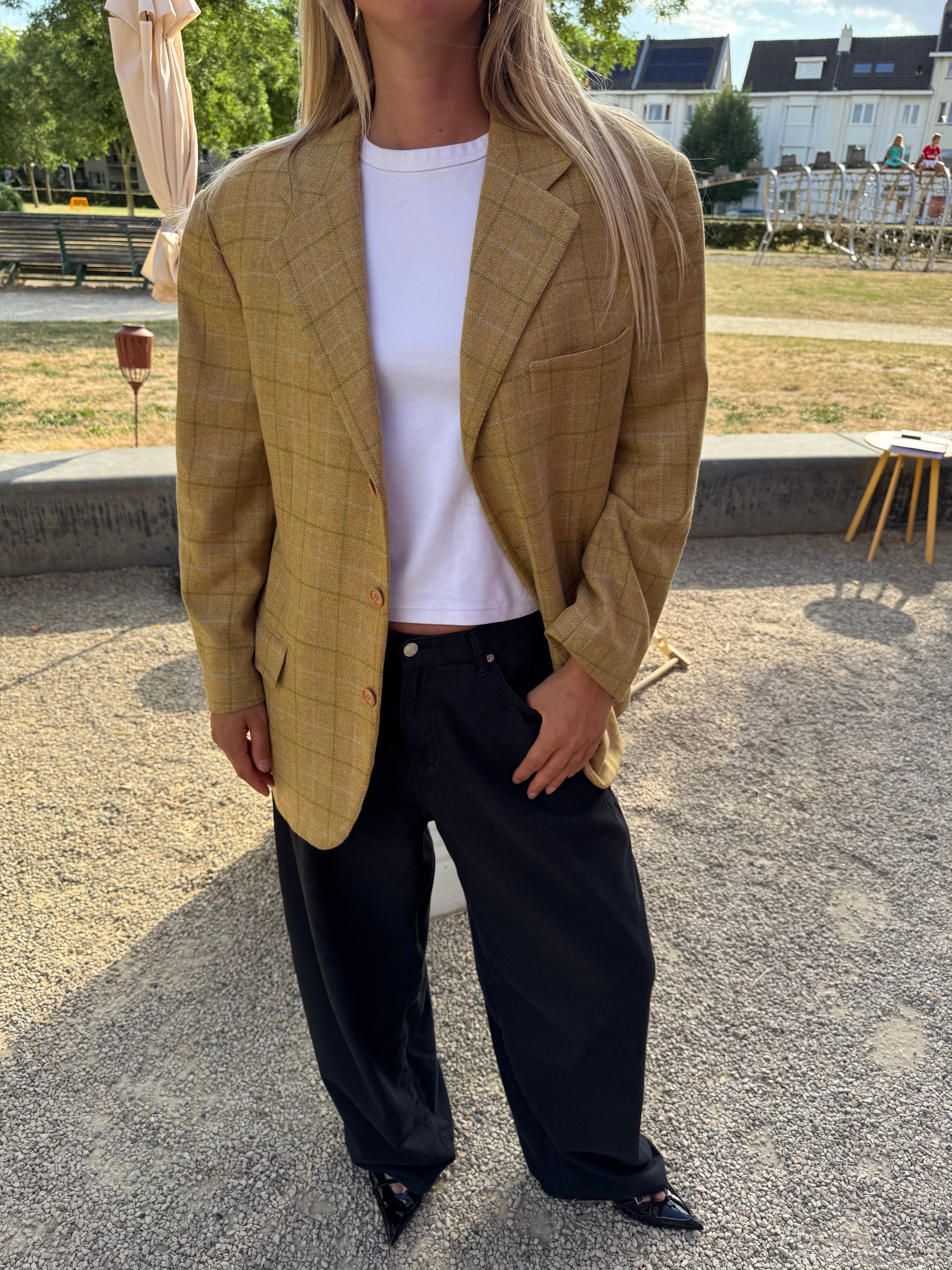 Khaki Beige Checked Blazer