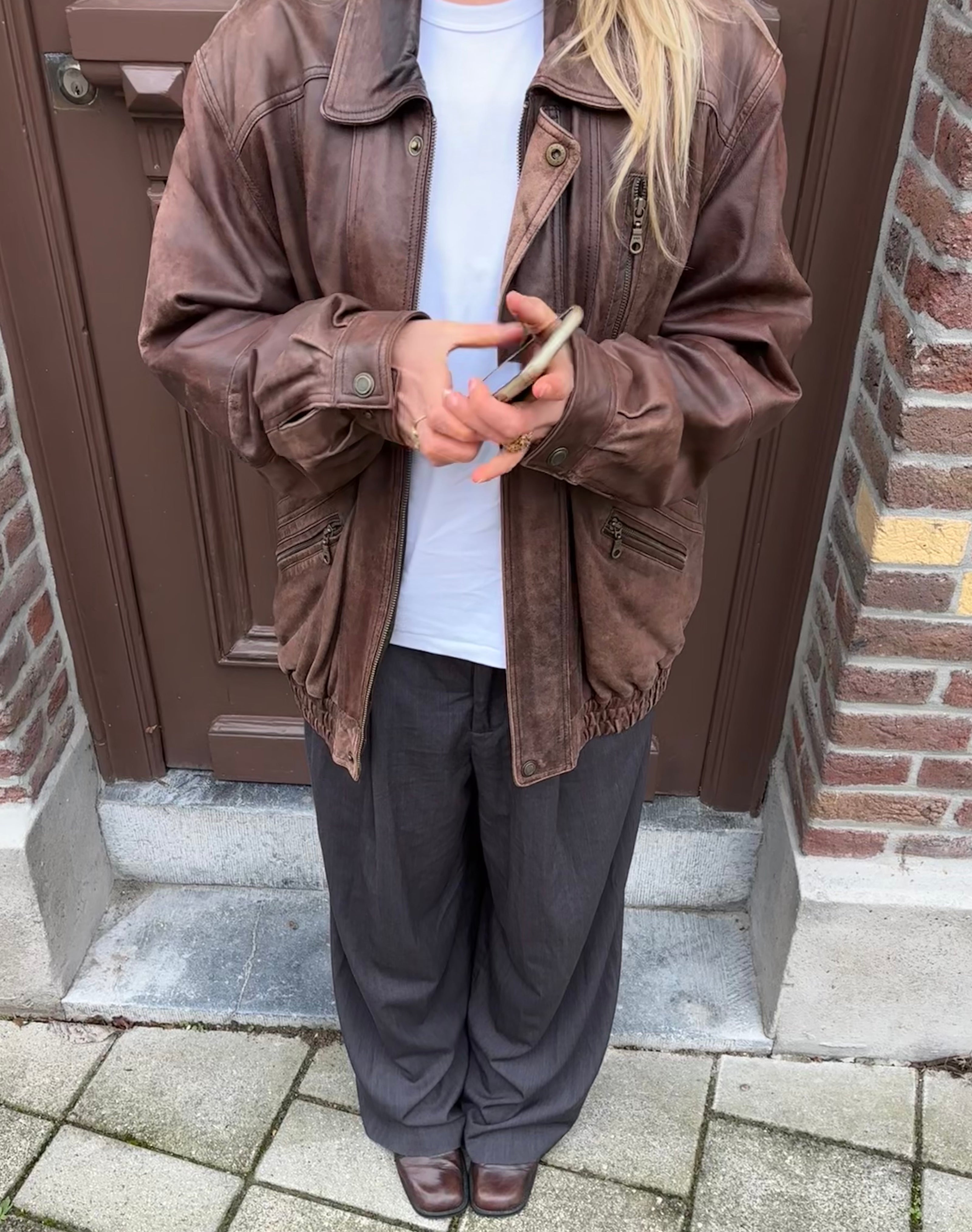 Vintage Brown Oversized Leather Bomber Jacket