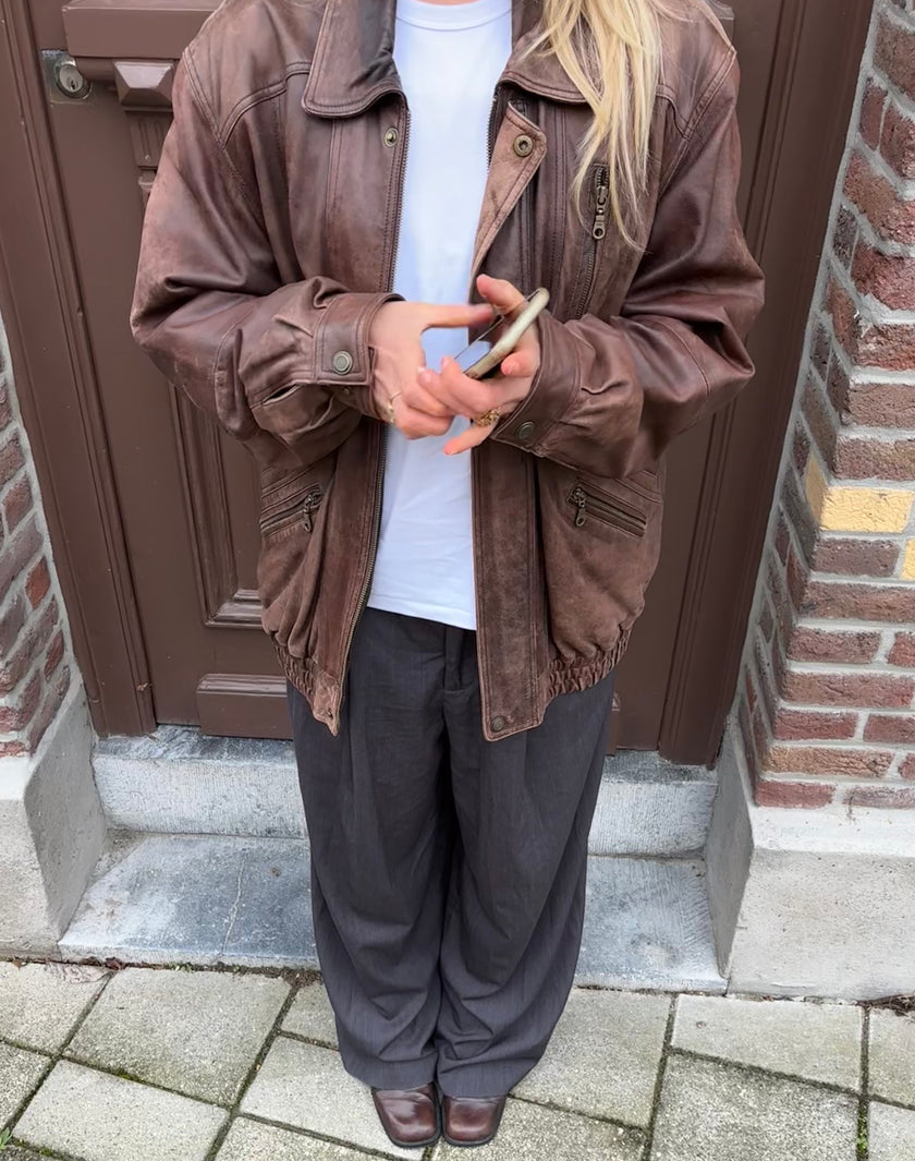 Vintage Brown Oversized Leather Bomber Jacket
