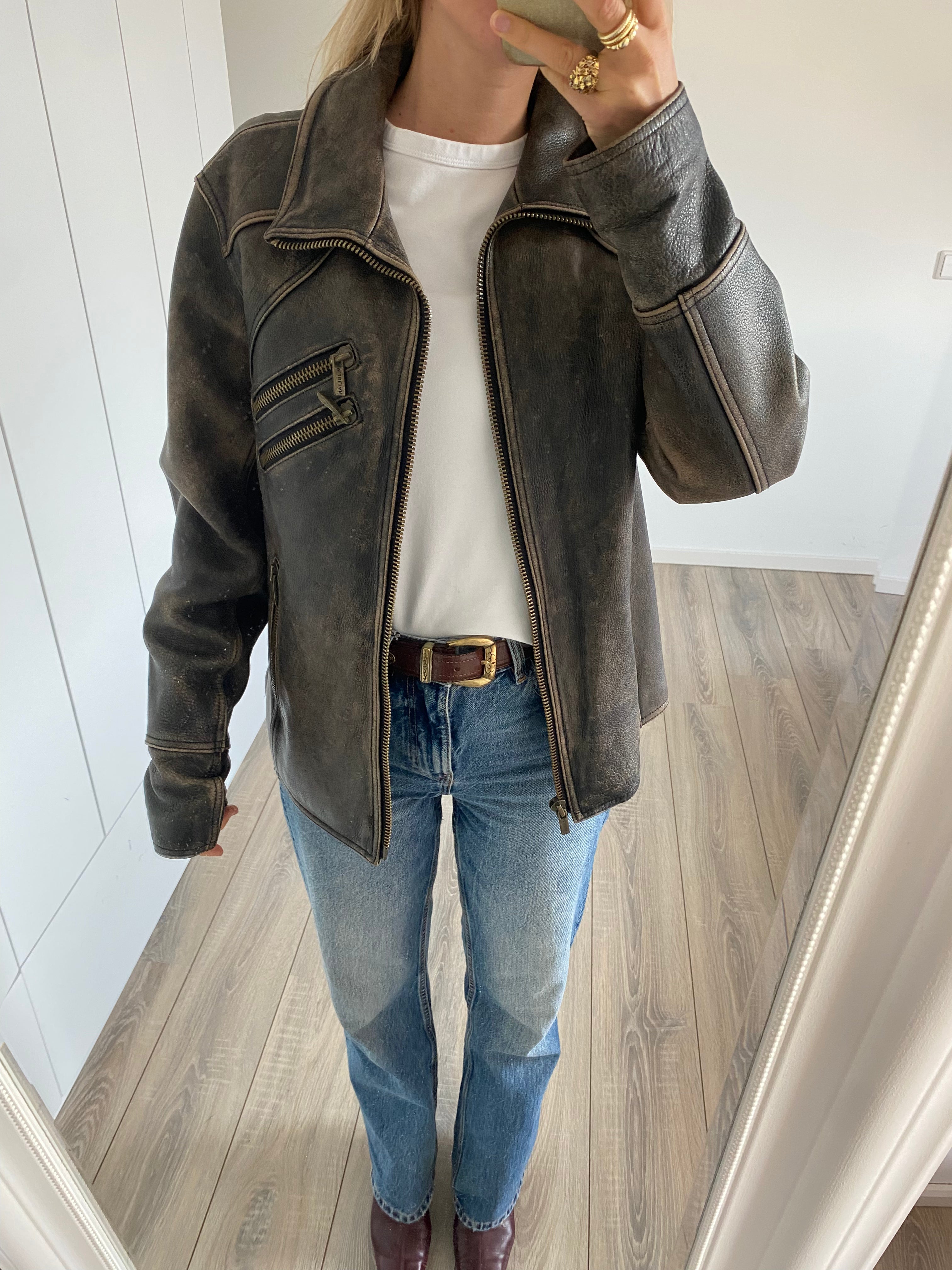 Super Oversized Distressed Grey Leather Jacket