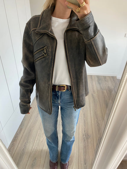 Super Oversized Distressed Grey Leather Jacket