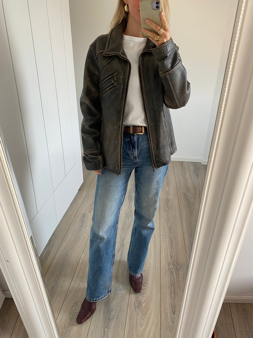Super Oversized Distressed Grey Leather Jacket