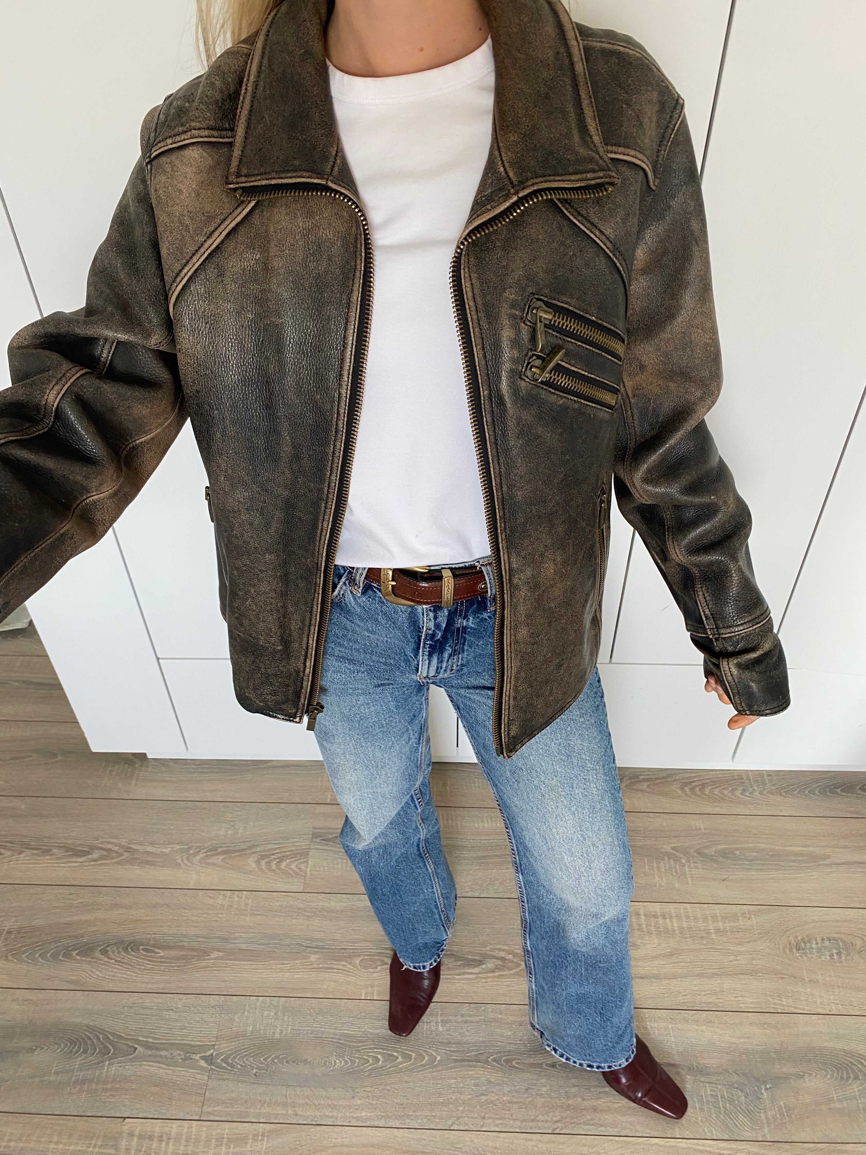 Super Oversized Distressed Grey Leather Jacket