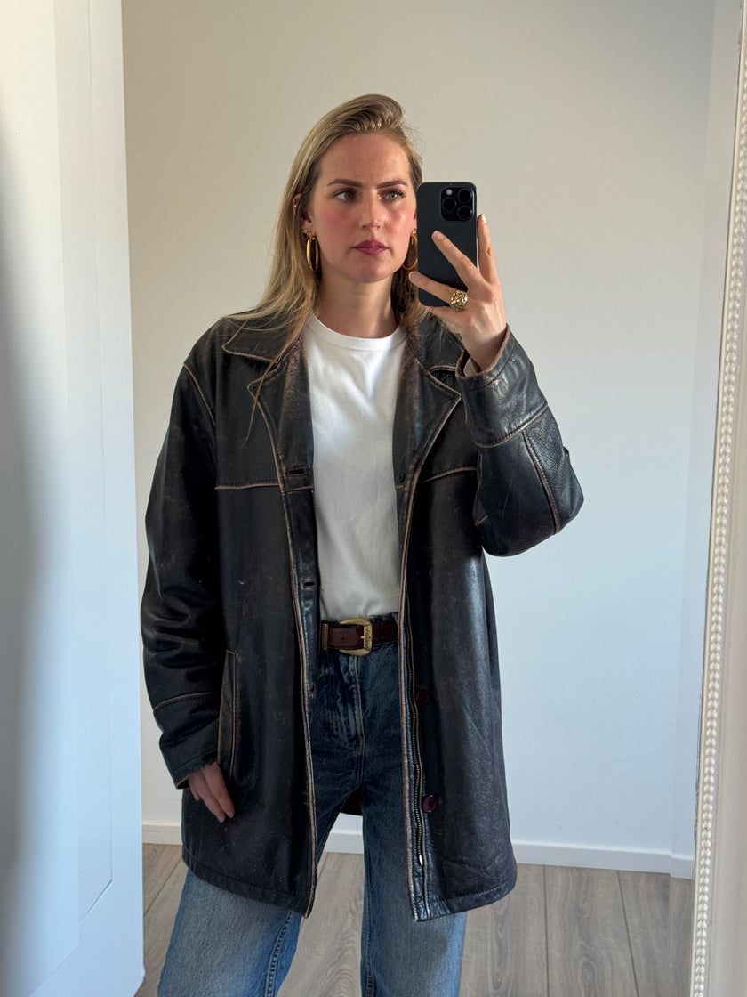 Distressed Rustic Leather Vintage Jacket with Buttons