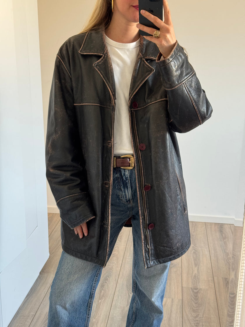 Distressed Rustic Leather Vintage Jacket with Buttons