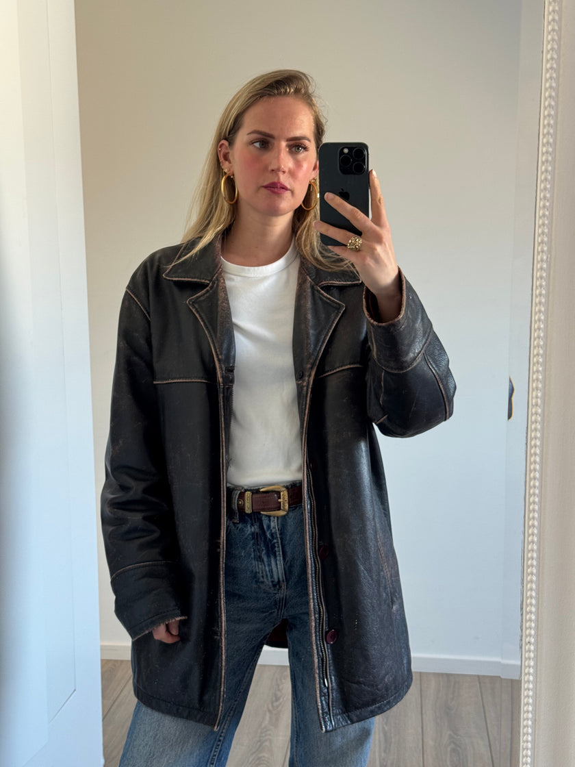 Distressed Rustic Leather Vintage Jacket with Buttons