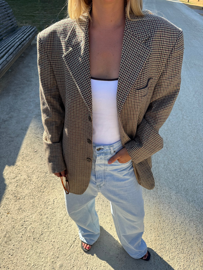 Oversized Beige/Brown Checked Vintage Blazer