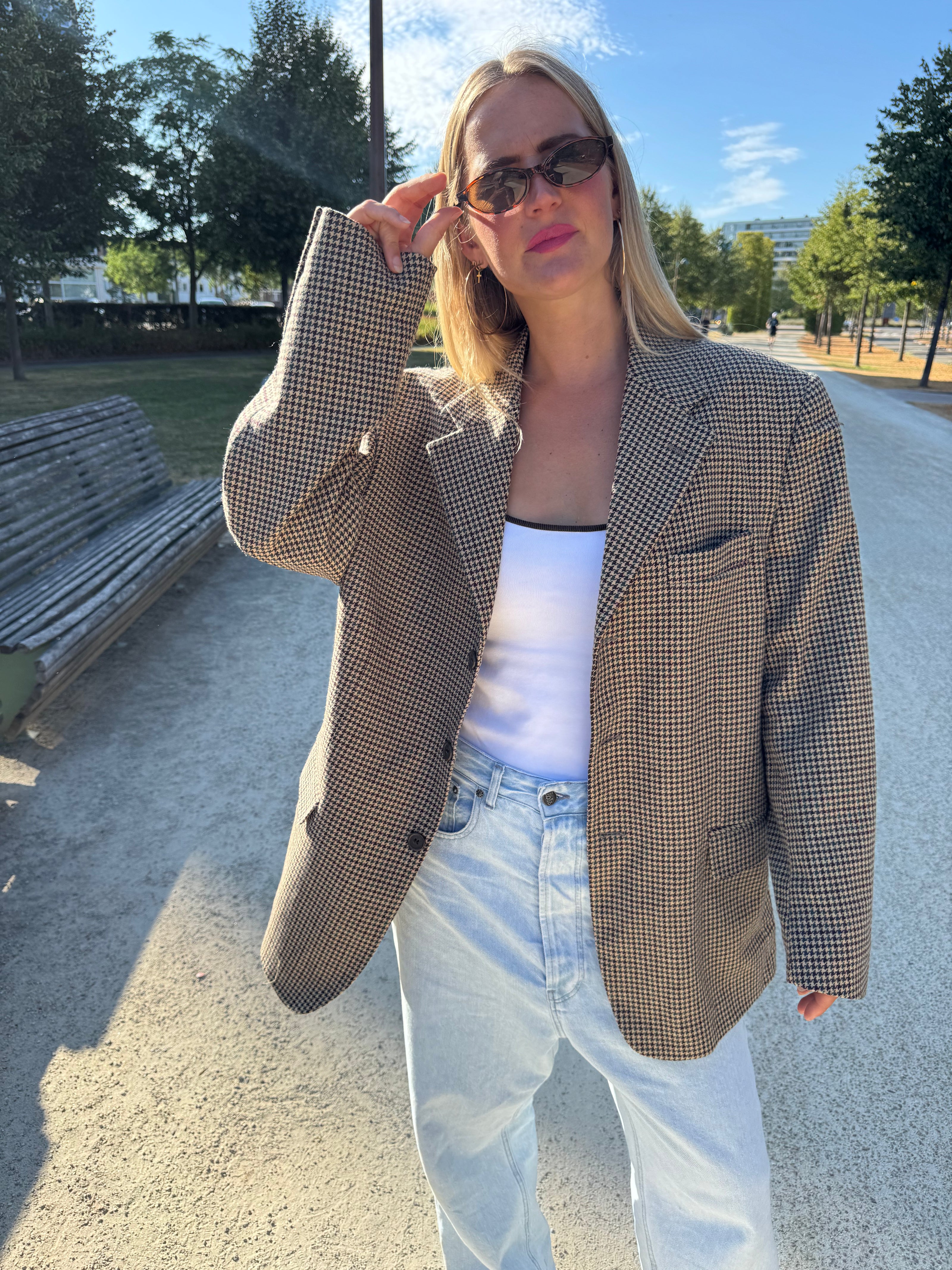 Oversized Beige/Brown Checked Vintage Blazer