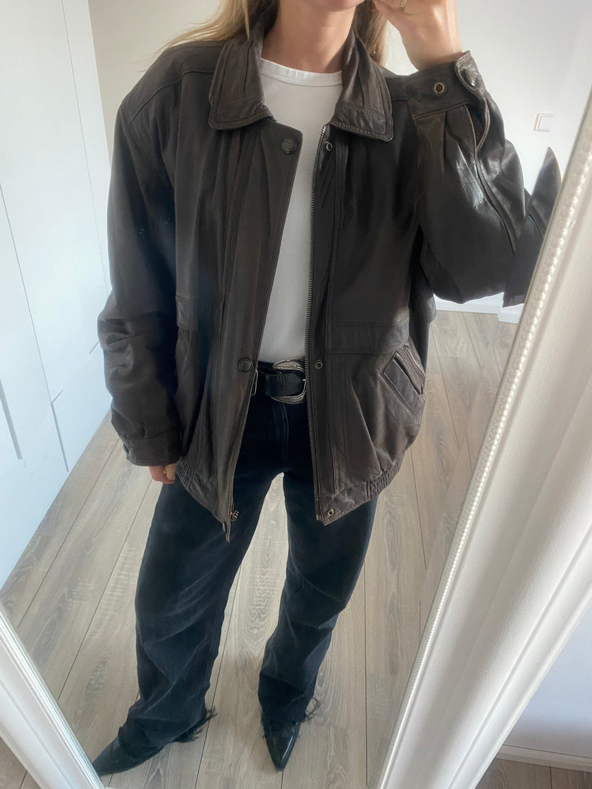 Dark Brown Oversized Leather Bomber Jacket, Vintage