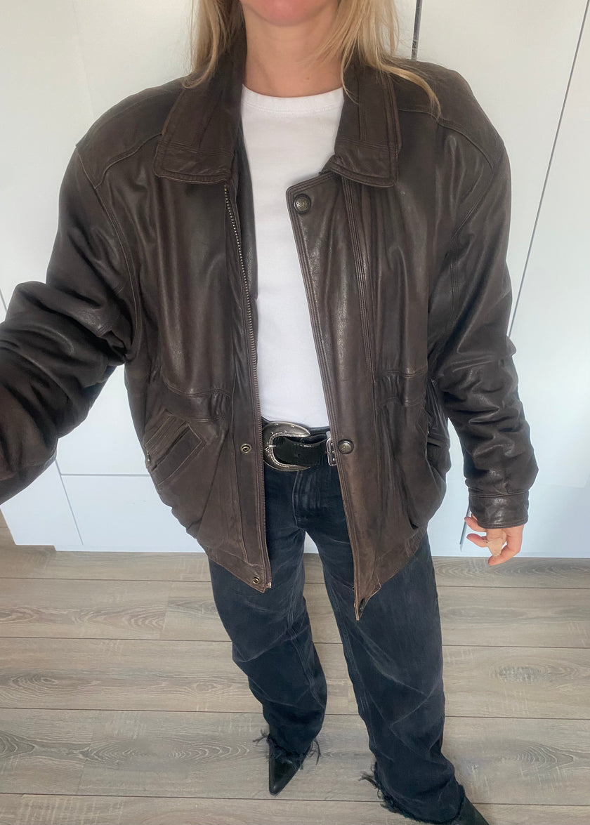 Dark Brown Oversized Leather Bomber Jacket, Vintage