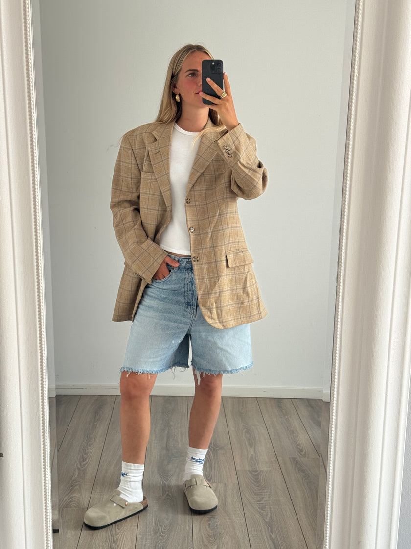Vintage Beige Oversized Checked Blazer
