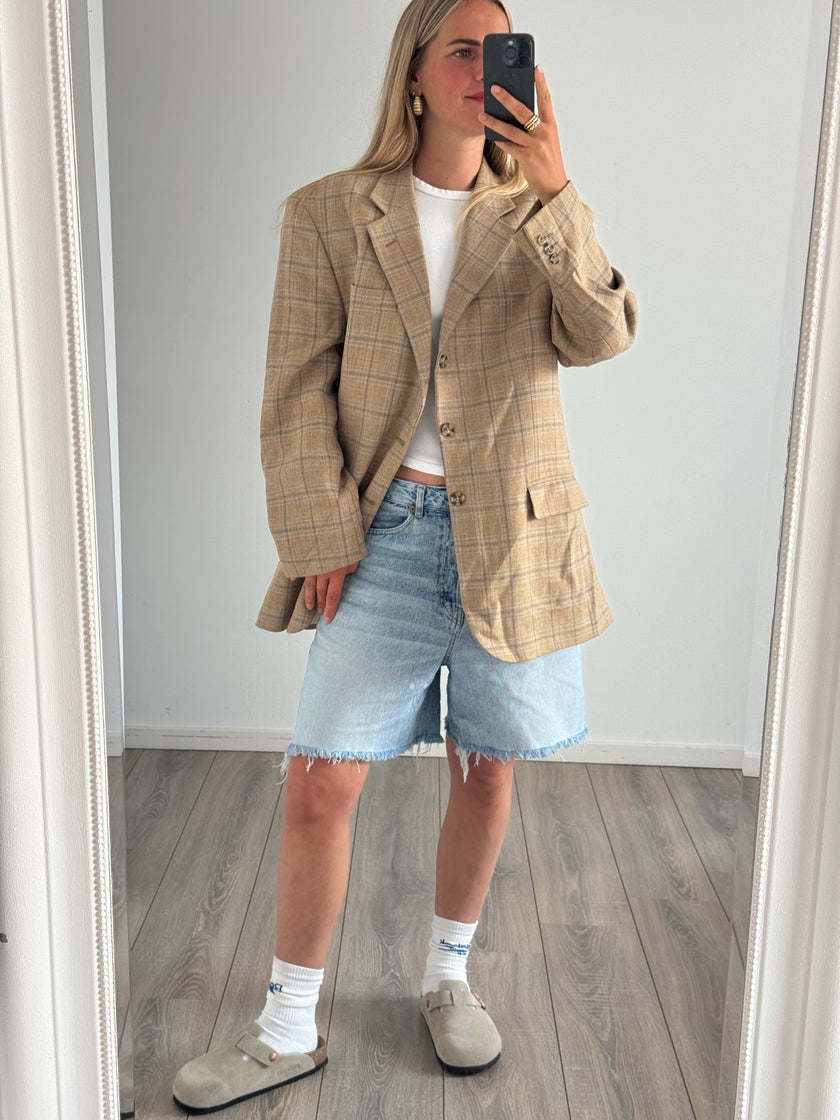 Vintage Beige Oversized Checked Blazer