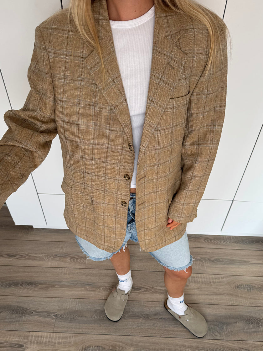 Vintage Beige Oversized Checked Blazer