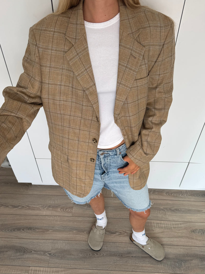Vintage Beige Oversized Checked Blazer