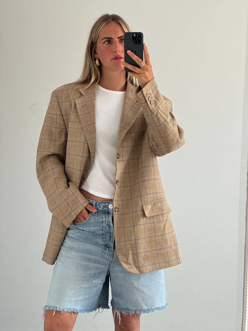 Vintage Beige Oversized Checked Blazer